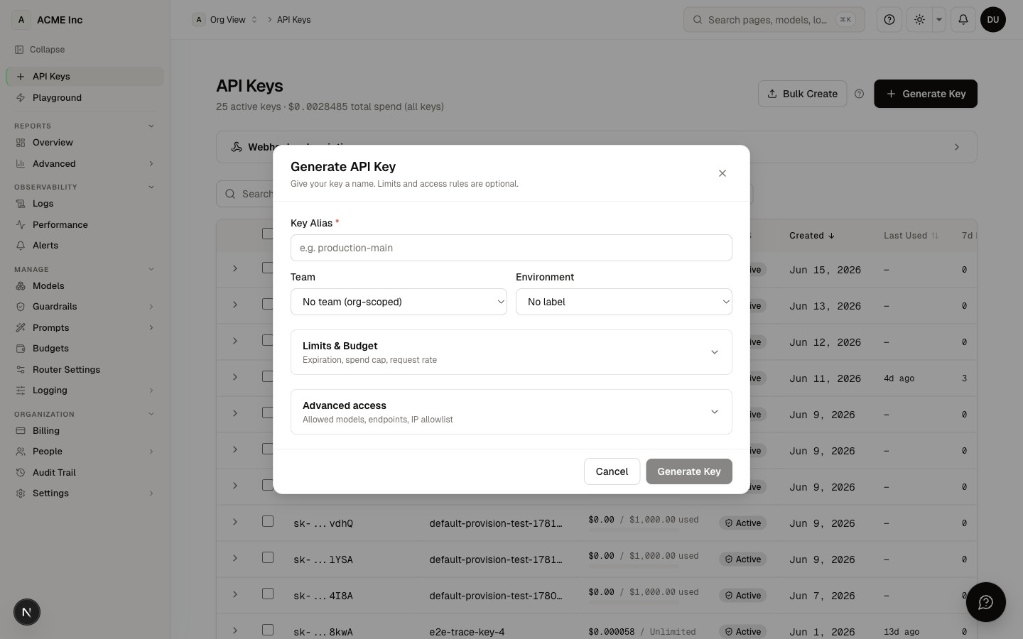 Generate Key modal — name, team assignment, budget; reached from /[organization]/keys → Generate Key