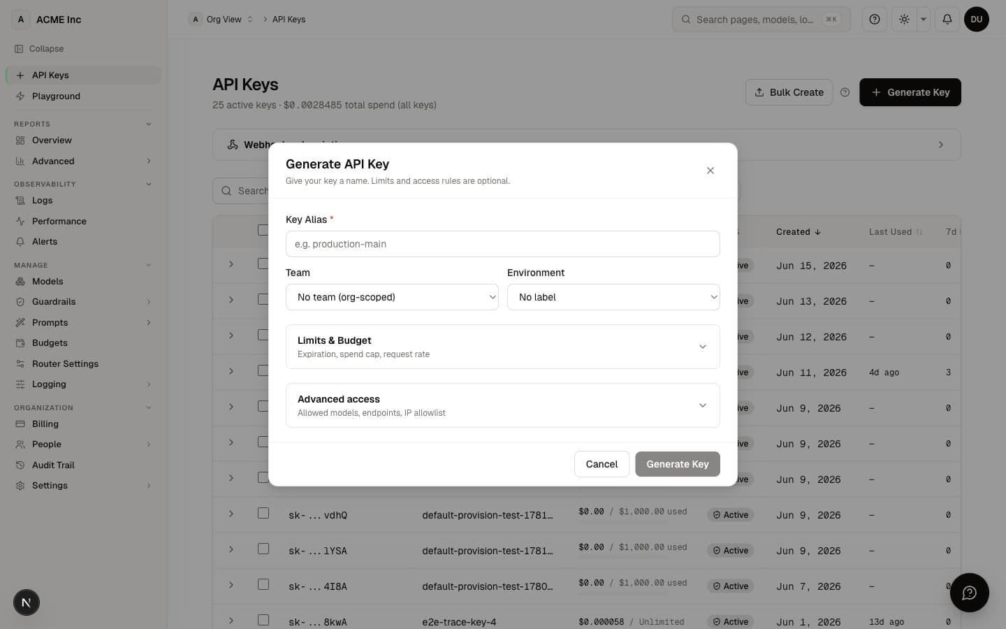 Generate Key modal — name, team assignment, budget; reached from /[organization]/keys → Generate Key
