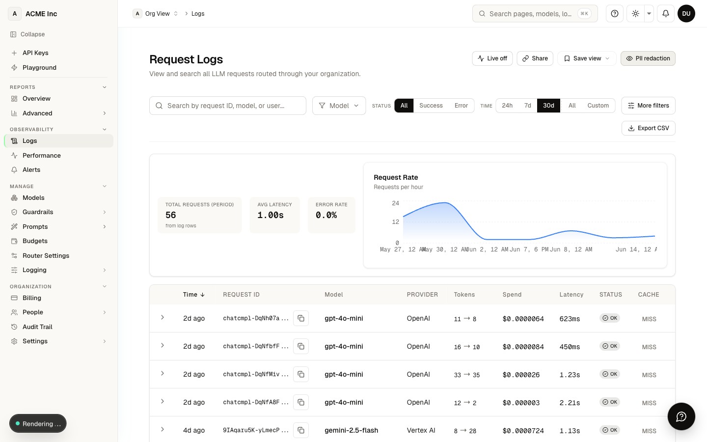 Observability log at /[organization]/logs — request status, model, latency, token counts, and cost per call