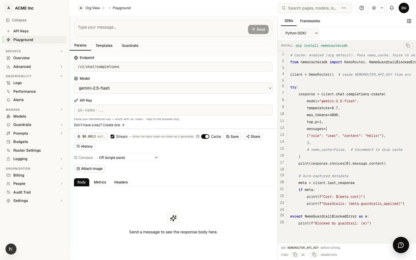Playground at /[organization]/playground — model picker, message thread, parameter sliders, and the API-key paste field