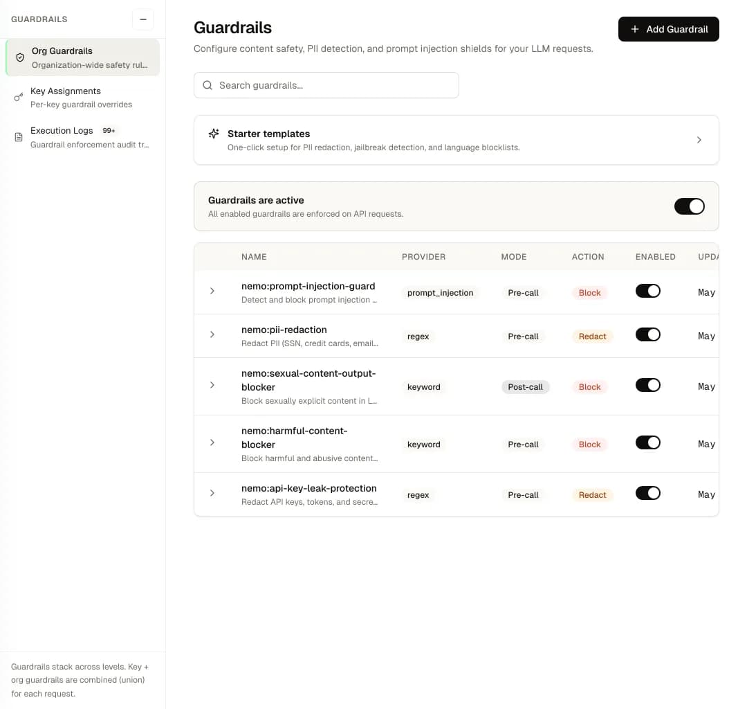 NemoRouter dashboard — guardrails: PII redaction, prompt-injection defense, content safety