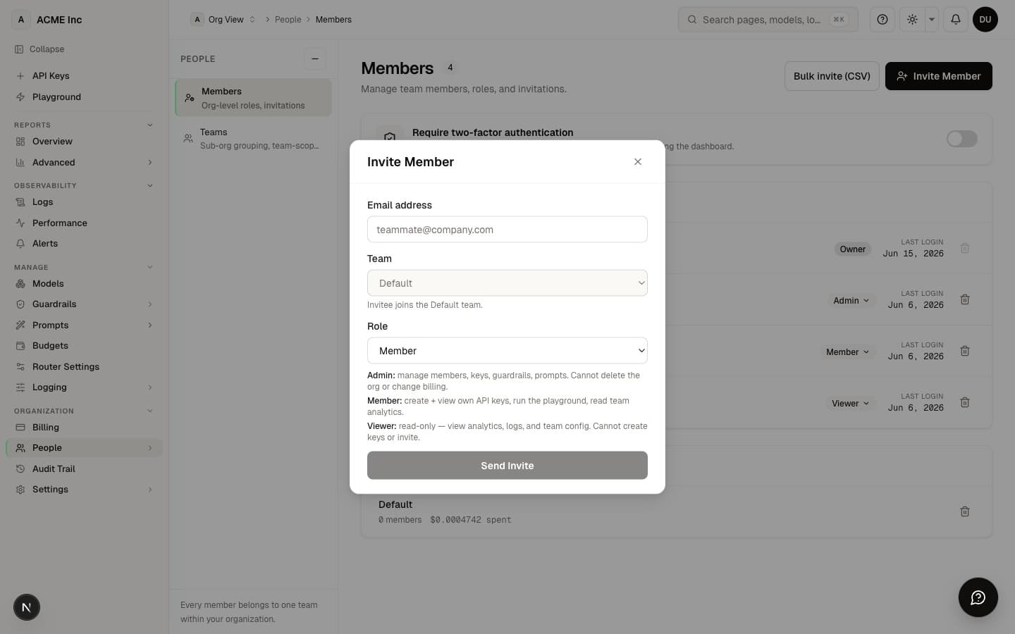 Invite Member modal — email field, role selector, and team assignment