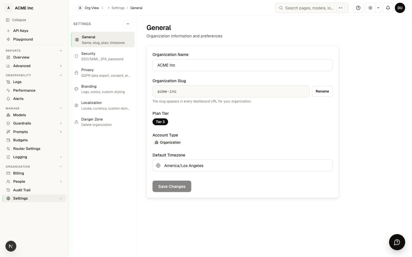 General settings — name, slug, timezone, and plan