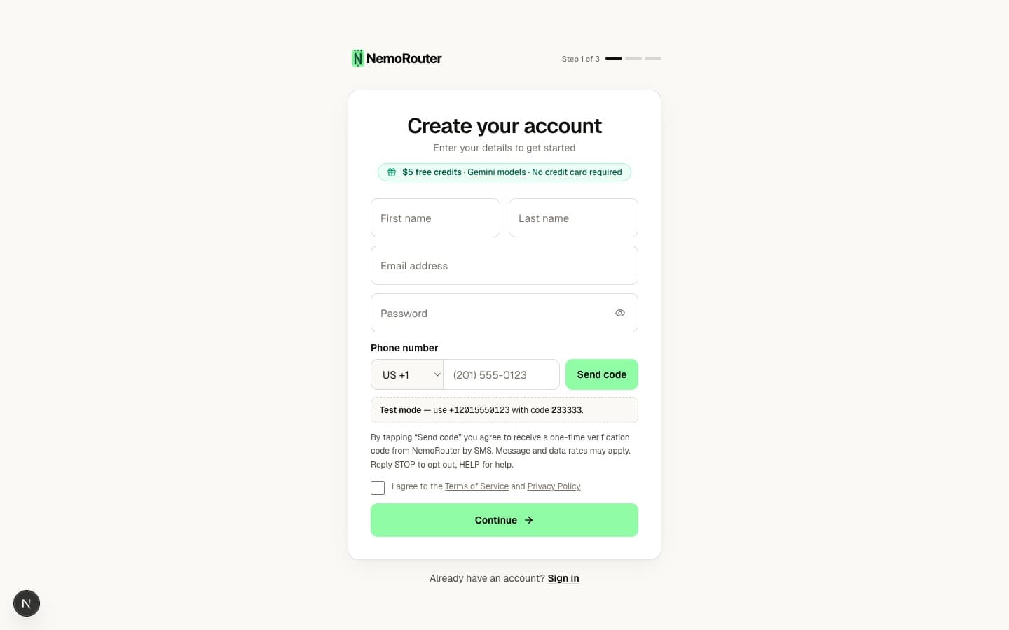 Sign-up page — create your NemoRouter account in 30 seconds