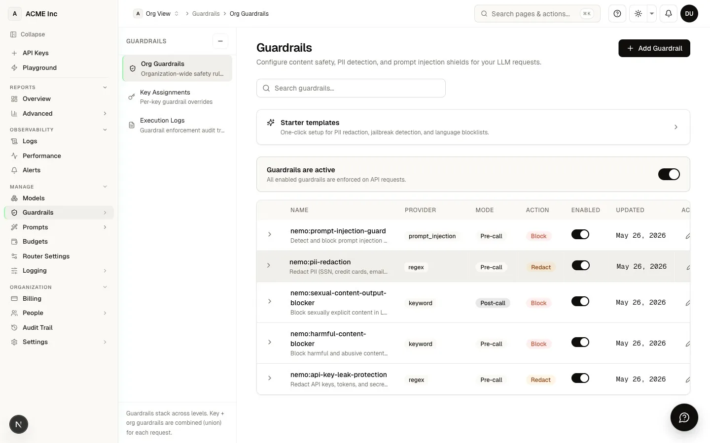 Guardrails dashboard at /[organization]/guardrails — pre-call and post-call safety rules