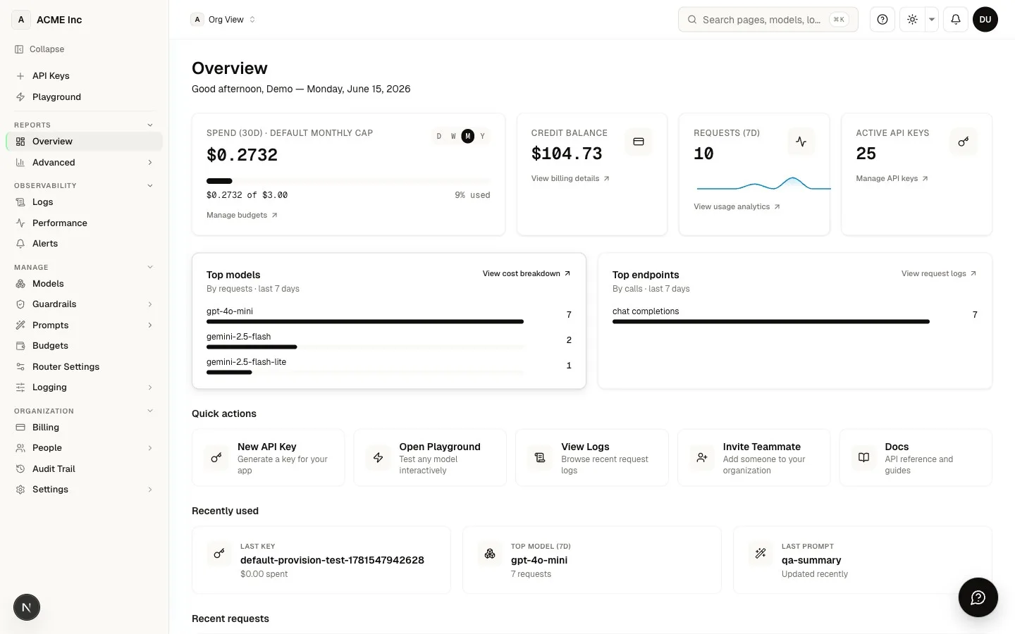 Dashboard Overview — balances, active keys, and activity at a glance